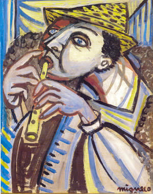 Giuseppe Migneco - Suonatore di flauto - 1951 - Olio su cartone cm 43x35